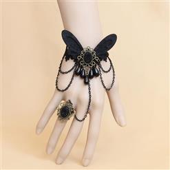 Gothic Black Lace Wristband Black Butterfly Embellished Bracelet with Ring J18126