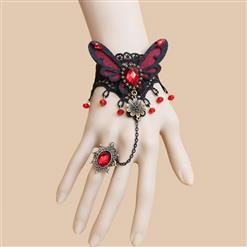 Gothic Black Lace Wristband Red Butterfly Gem Embellished Bracelet with Ring J18161