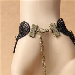 Victorian Gothic Black Floral Lace Wristband Gem Bracelet with Ring J18166