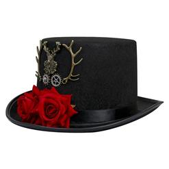 Victorian Gothic Red Rose and Bronze Metal Reindeer Antlers Fancy Party Costume Top Hat J19527