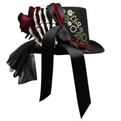 Gothic White Skeleton Red Rose and Gear Masquerade Halloween Costume Bowknot Top Hat J19844