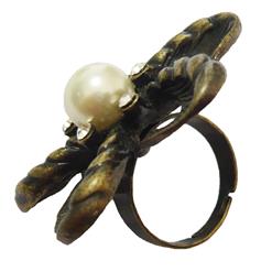 Retro Bronze Metal Pearl and Rhinestone Flower Ring J7009