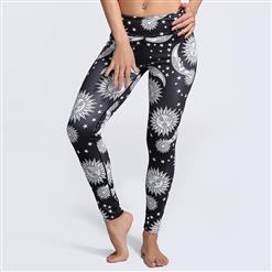Classical Print Yoga Pants, High Waist Tight Yoga Pants, Sun Moon Printing Long Pants, Casual Stretchy Sport Leggings, Women's High Waist Tight Full length Pants, #L16130