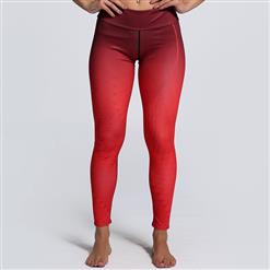 Classical Gradient Color Yoga Pants, High Waist Tight Yoga Pants, Red Gradient Color Long Pants, Casual Stretchy Sport Leggings, Women's High Waist Tight Full length Pants, #L16131