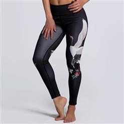 Classical Red-Crowned Crane Print Pants, High Waist Tight Yoga Pants, Fashion Printed Fitness Pants, Casual Stretchy Sport Leggings, Women's High Waist Tight Full length Pants, #L16134