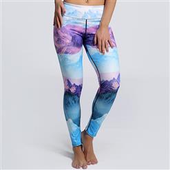 Classical Mountain Landscape Print Yoga Workout Pants, High Waist Tight Yoga Pants, Fashion Mountain Printed Fitness Pants, Casual Stretchy Sport Leggings, Women's High Waist Tight Full length Pants, #L16145