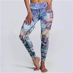 Classical Ancient Architecture Print Yoga Workout Pants, High Waist Tight Yoga Pants, Fashion Landscape Printed Fitness Pants, Casual Stretchy Sport Leggings, Women's High Waist Tight Full length Pants, #L16146
