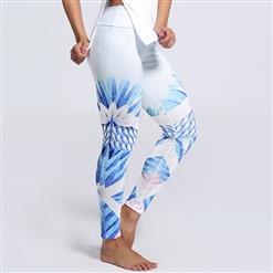 Women's High Waist Retro Light Blue Print Sports Leggings Yoga Fitness Pants L16147