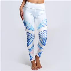 Classical Retro Light Blue Print Yoga Workout Pants, High Waist Tight Yoga Pants, Fashion Printed Fitness Pants, Casual Stretchy Sport Leggings, Women's High Waist Tight Full length Pants, #L16147