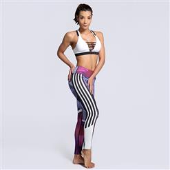Women's High Waist Stripe Color Block Print Sports Leggings Yoga Fitness Pants L16154