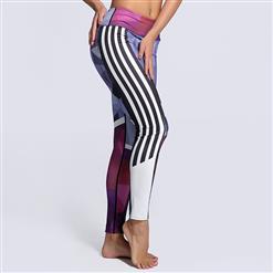 Classical Stripe Color Block Print Yoga Pants, High Waist Tight Yoga Pants, Fashion Color Block Print Fitness Pants, Casual Stretchy Sport Leggings, Women's High Waist Tight Full length Pants, #L16154