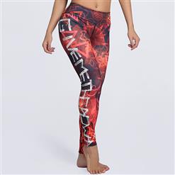 Classical Fire and Letter Print Yoga Pants, High Waist Tight Yoga Pants, Fashion Fire and Letter Print Fitness Pants, Casual Stretchy Sport Leggings, Women's High Waist Tight Full length Pants, #L16158