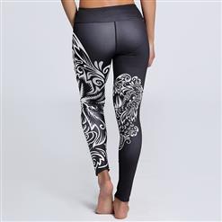 Women's Casual Black High Waist Retro Printed Sports Leggings Yoga Fitness Pants L16186