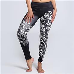 Classical Retro Printed Yoga Pants, High Waist Tight Yoga Pants, Fashion Retro White Printed Fitness Pants, Casual Stretchy Sport Leggings, Women's High Waist Tight Full length Pants, #L16186