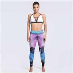 Women's High Waist Color Block Line Print Sports Workout Leggings Yoga Fitness Pants L16218