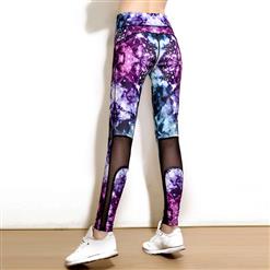 Women's Ultra Soft 3D Digital Galaxy Star Printed Mesh Splicing High Waist Yoga Workout Leggings L16245