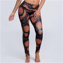 Women's Black High Waist Sun Moon Print Stretchy Sports Leggings Yoga Fitness Pants L16250