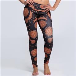 Women's Black High Waist Sun Moon Print Stretchy Sports Leggings Yoga Fitness Pants L16250