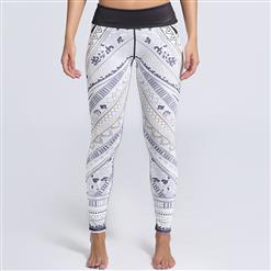 Classical Lovely White Printed Yoga Pants, High Waist Tight Yoga Pants, Fashion Retro Print Fitness Pants, Casual Stretchy Sport Leggings, Women's High Waist Tight Full length Pants, #L16252