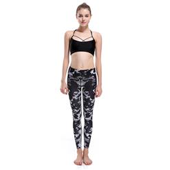 Women's High Waist Black Bird Print Stretchy Sports Leggings Yoga Fitness Pants L16270