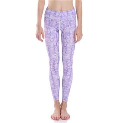 Lovely Purple Floral Print Yoga Pants, High Waist Tight Yoga Pants, Fashion Purple Floral Print Fitness Pants, Casual Stretchy Sport Leggings, Women's High Waist Tight Full length Pants, #L16337