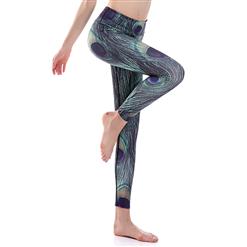 Women's High Waist Peacock Feather Print Stretchy Sports Leggings Yoga Fitness Pants L16338