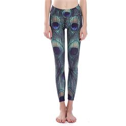 Lovely Peacock Feather Print Yoga Pants, High Waist Tight Yoga Pants, Fashion Peacock Feather Print Fitness Pants, Casual Stretchy Sport Leggings, Women's High Waist Tight Full length Pants, #L16338