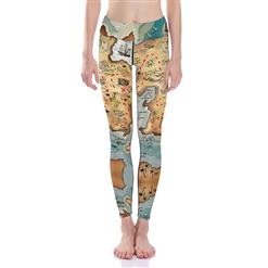 Lovely Map Print Yoga Pants, High Waist Tight Yoga Pants, Fashion Map Print Fitness Pants, Casual Stretchy Sport Leggings, Women's High Waist Tight Full length Pants, #L16351