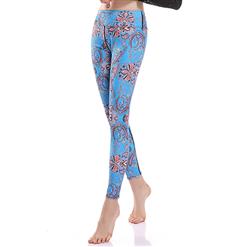 Women's Blue High Waist Retro Print Stretchy Sports Leggings Yoga Fitness Pants L16354
