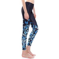 Women's High Waist Blue Butterfly Print Stretchy Sports Leggings Yoga Fitness Pants L16372