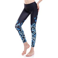 Women's High Waist Blue Butterfly Print Stretchy Sports Leggings Yoga Fitness Pants L16372
