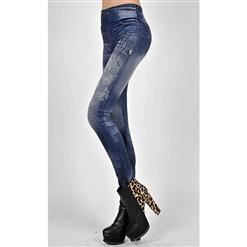 Fashion Faux Jeans, Blue Skull pants, Fashion Skull Leggings, #L5216