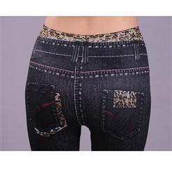 Fashion Black Printed Rivet and Leopard Pattern Leggings Imitation Denim Jeans Jeggings L5302