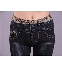 Fashion Black Printed Rivet and Leopard Pattern Leggings Imitation Denim Jeans Jeggings L5302