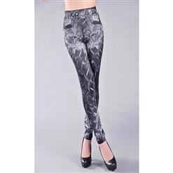 Fashion Black Printed Waves Pattern Leggings Imitation Denim Jeans Jeggings L5591