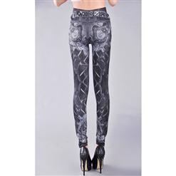 Fashion Black Printed Waves Pattern Leggings Imitation Denim Jeans Jeggings L5591