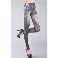 Fashion Printed Black Ripped Jeans Leggings Imitation Denim Jeans Jeggings L5592