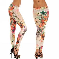 Lily Flower Print Jeans, Fashion Seamless Foral Leggings, Tattoo Print Elastic Jeggings, #L6984