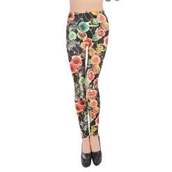 Black Rose Print Jeans, Fashion Seamless Foral Leggings, Romantic Flower Printing Jeggings, #L6985