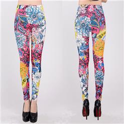 Brilliant Sea Flower Print Jeans, Fashion Seamless Foral Leggings, Brilliant Foral Printing Jeggings, #L6988