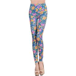 Multicolour Flowers Print Jeans, Fashion Blue Floral Leggings, Colorized  Foral Print  Jeggings, #L6991