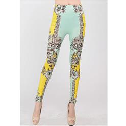 Yellow Geometric Print Jeans,  Elegance Exotic Print Leggings, Yellow and Blue Floral Print Jeggings, #L7471
