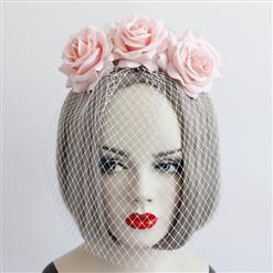 Fashion Pink Flower Crown Fishnet Face Mask Party Headband MS17250