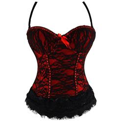 Sexy Red Satin Lace Trim Spaghetti Straps Bustier N10017