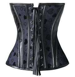 Exclusive Black Fake Leather Loving Heart Print Overbust Corset N10047
