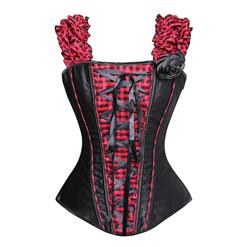 Fashion Black and Red Overbust Corset. Elegant Lace-up Front Overbust Corset, Satin and Plaid Puff Sleeve Corset, Gothic Peasant Top Corset, Cheap Out