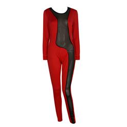 Distinctive Red Round Neck Long Sleeves Clairvoyant Catsuit Christmas Lingerie N10123