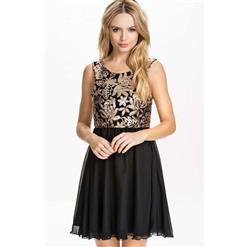 Fashion Girls Black Sleeveless Golden Embroidery Flowers Short Dress N10137