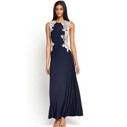Fashion Elegant Navy-Blue Lace Applique Long Dress N10185