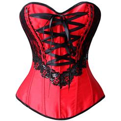 Hot Sexy Red Satin Black Sequins Flowers Lace-up Overbust Corset N10401